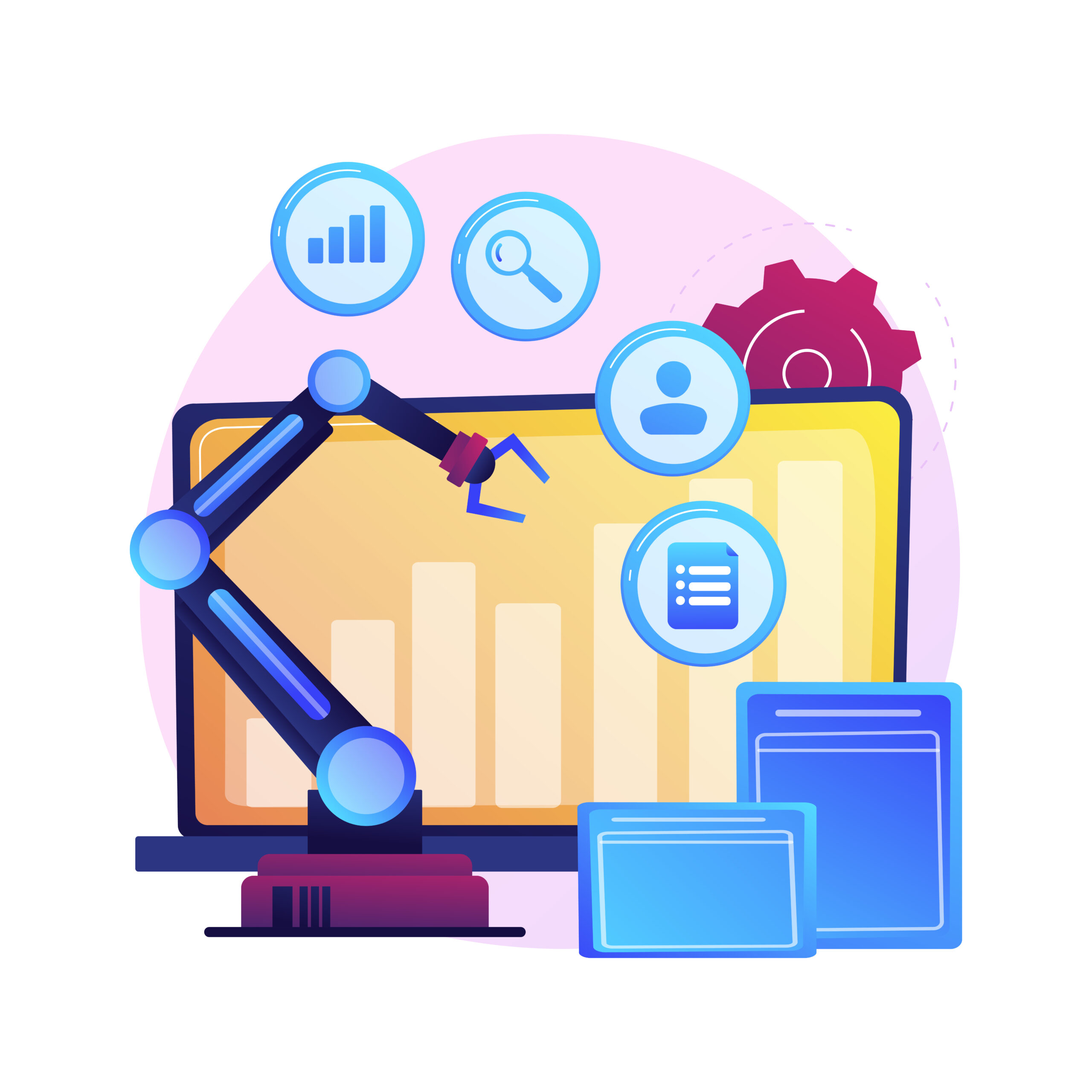 Online business development, gradual growth, positive tendency. Gain indicator, statistics chart, diagram. Female analyst cartoon character. Vector isolated concept metaphor illustration.